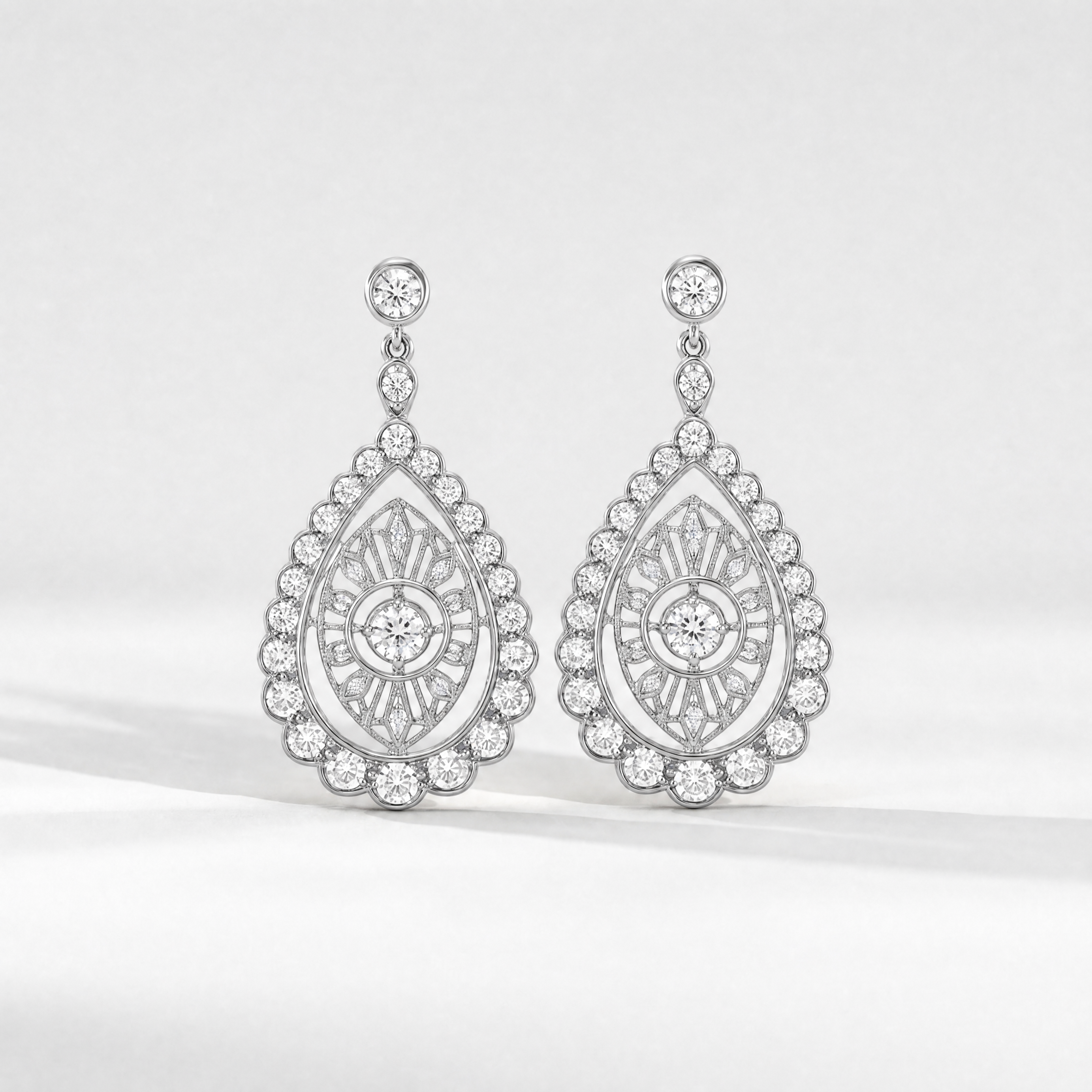 ART DECO DIAMOND DROP EARRINGS (WHITE GOLD)