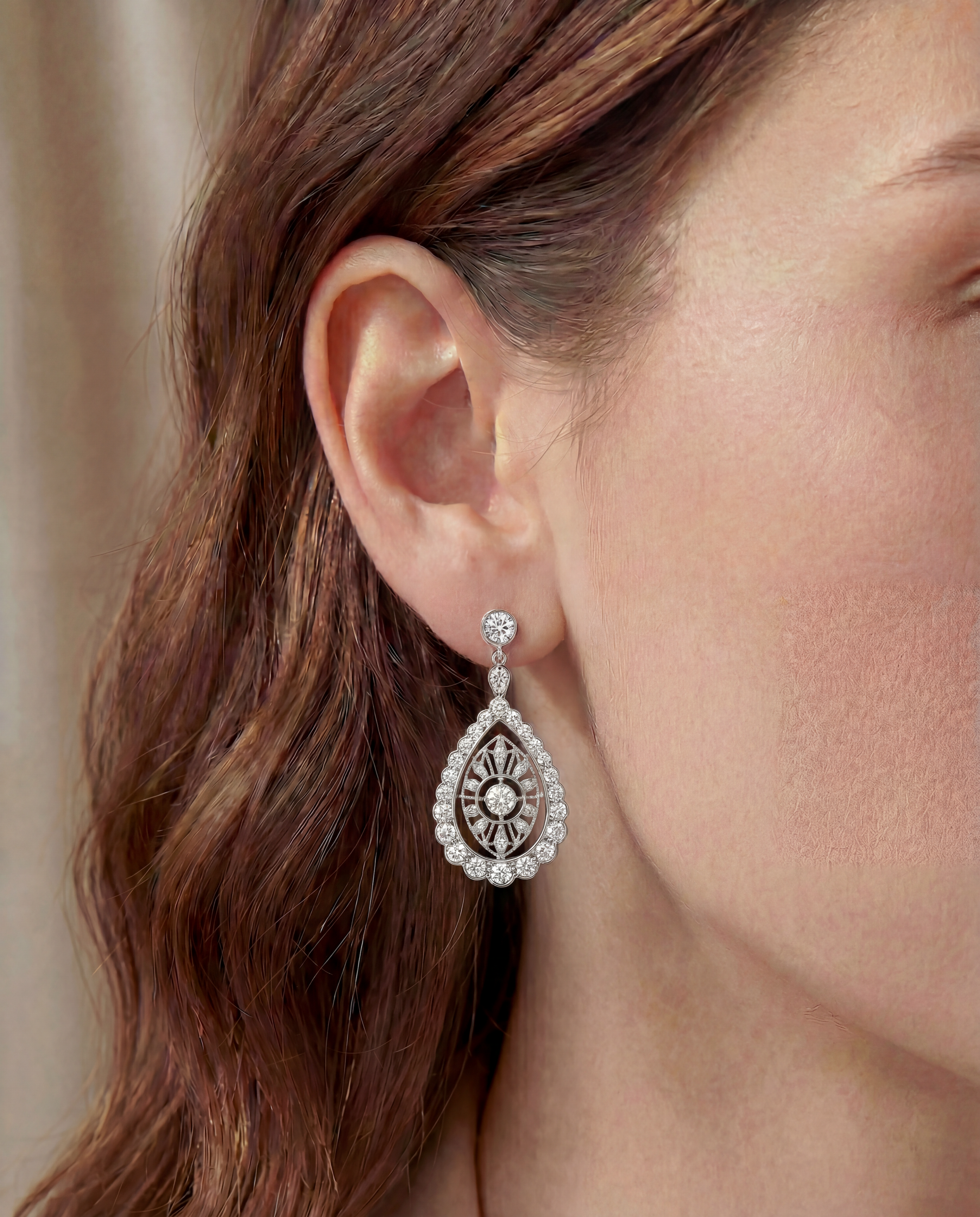 ART DECO DIAMOND DROP EARRINGS (WHITE GOLD)